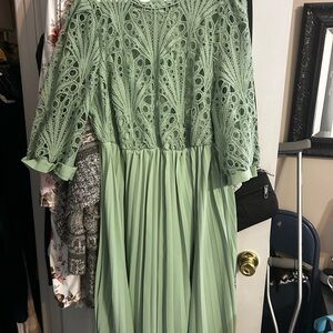 Sage Green Lace-Top Pleated Midi Dress
